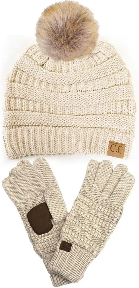 2pc Winter Warm Soft Stretch Cable Knit Faux Fur Pom Pom Beanie with Matching Gloves Set