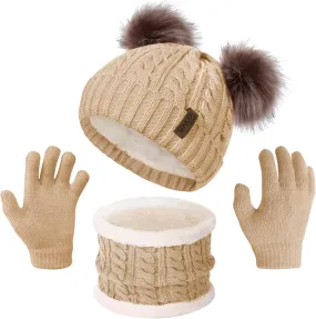 3 Pcs Winter Beanie Kids Hat and Gloves Set for Girls Boys Toddler Pompom Warm Soft Knit Fleece Lined for Cold Weather