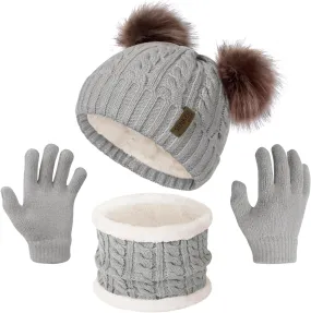 3 Pcs Winter Beanie Kids Hat and Gloves Set for Girls Boys Toddler Pompom Warm Soft Knit Fleece Lined for Cold Weather