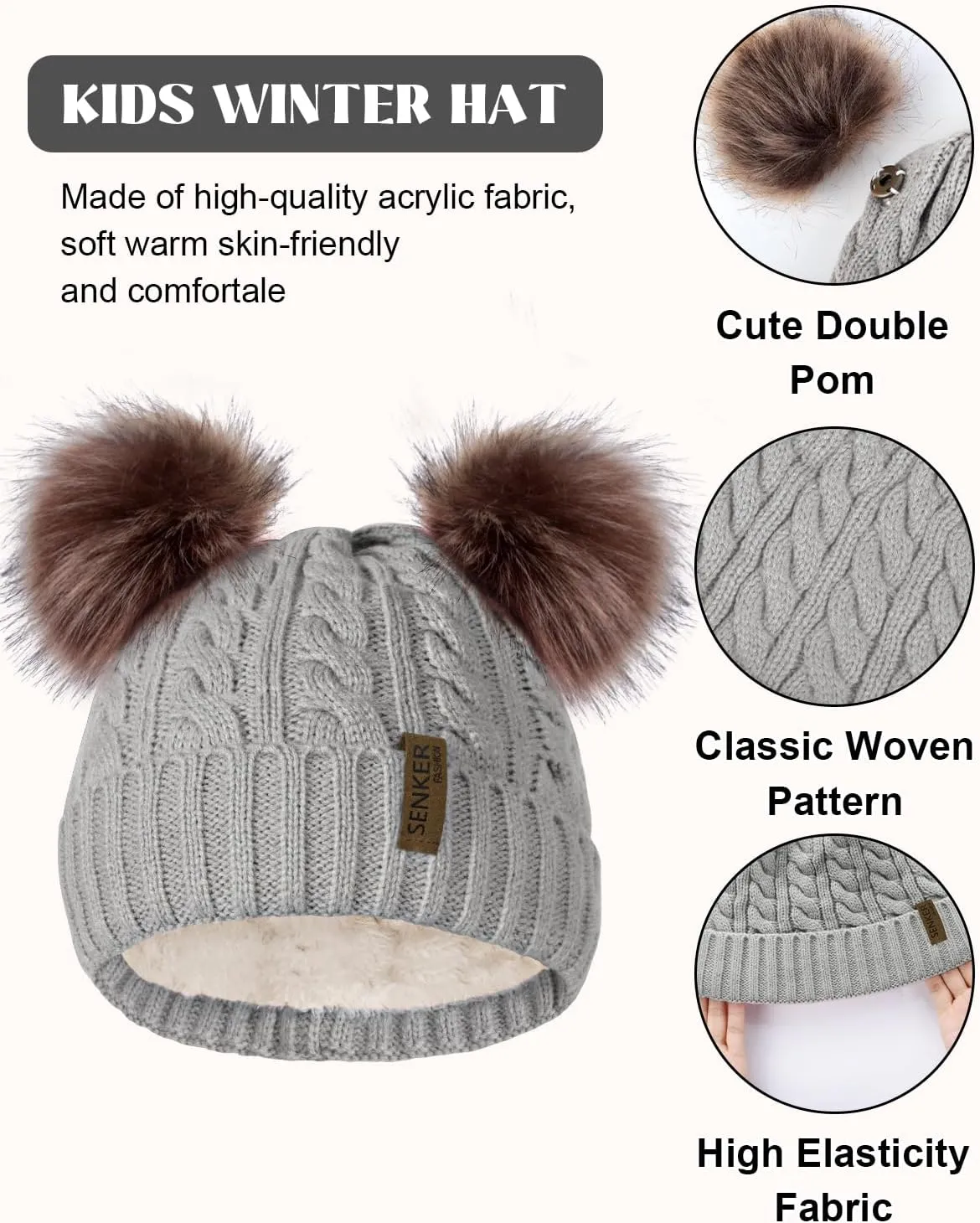 3 Pcs Winter Beanie Kids Hat and Gloves Set for Girls Boys Toddler Pompom Warm Soft Knit Fleece Lined for Cold Weather