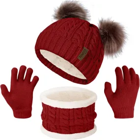 3 Pcs Winter Beanie Kids Hat and Gloves Set for Girls Boys Toddler Pompom Warm Soft Knit Fleece Lined for Cold Weather