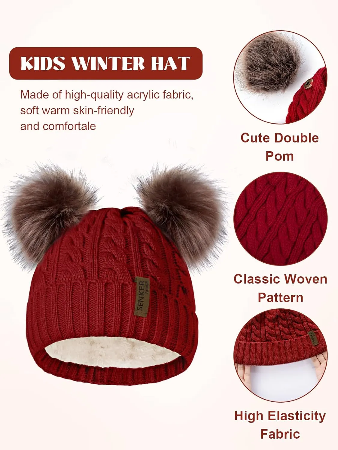 3 Pcs Winter Beanie Kids Hat and Gloves Set for Girls Boys Toddler Pompom Warm Soft Knit Fleece Lined for Cold Weather