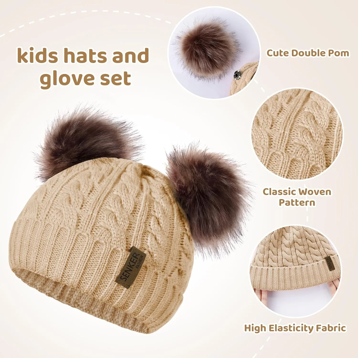 3 Pcs Winter Beanie Kids Hat and Gloves Set for Girls Boys Toddler Pompom Warm Soft Knit Fleece Lined for Cold Weather