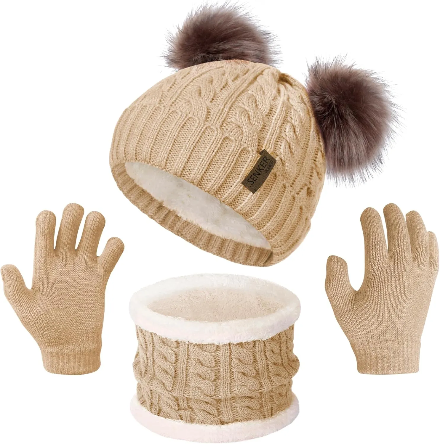 3 Pcs Winter Beanie Kids Hat and Gloves Set for Girls Boys Toddler Pompom Warm Soft Knit Fleece Lined for Cold Weather