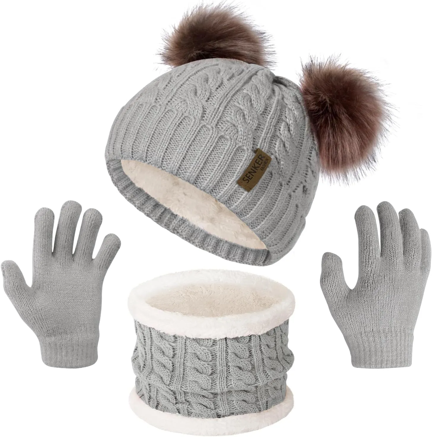 3 Pcs Winter Beanie Kids Hat and Gloves Set for Girls Boys Toddler Pompom Warm Soft Knit Fleece Lined for Cold Weather
