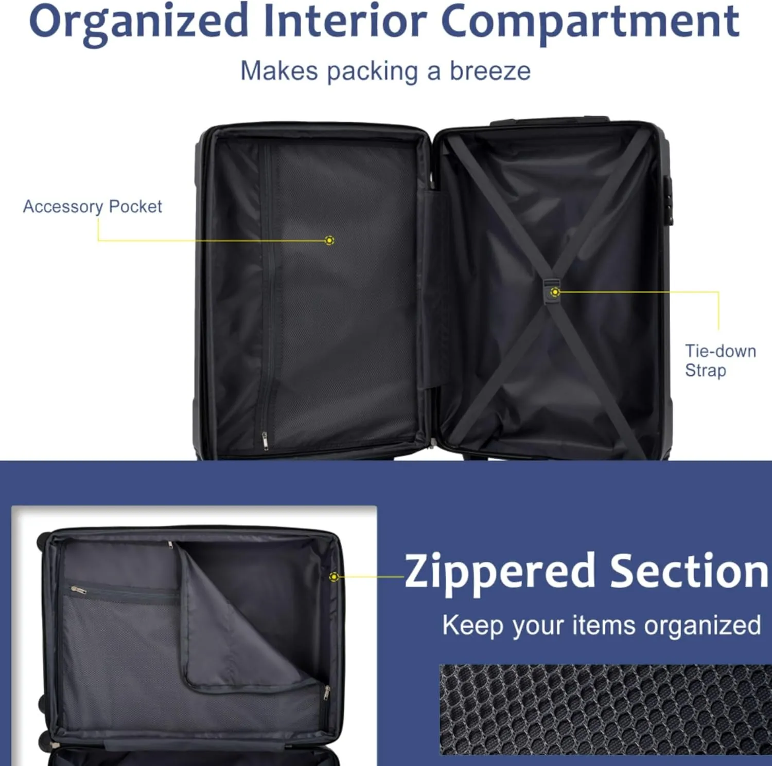 3 Piece Expandable Hard Shell ABS Luggage Set with Double Spinner Wheels, TSA-Approved Lock, 3-Level Telescopic Handle, and Corner Protectors  Lightweight, Durable (Inky Blue)