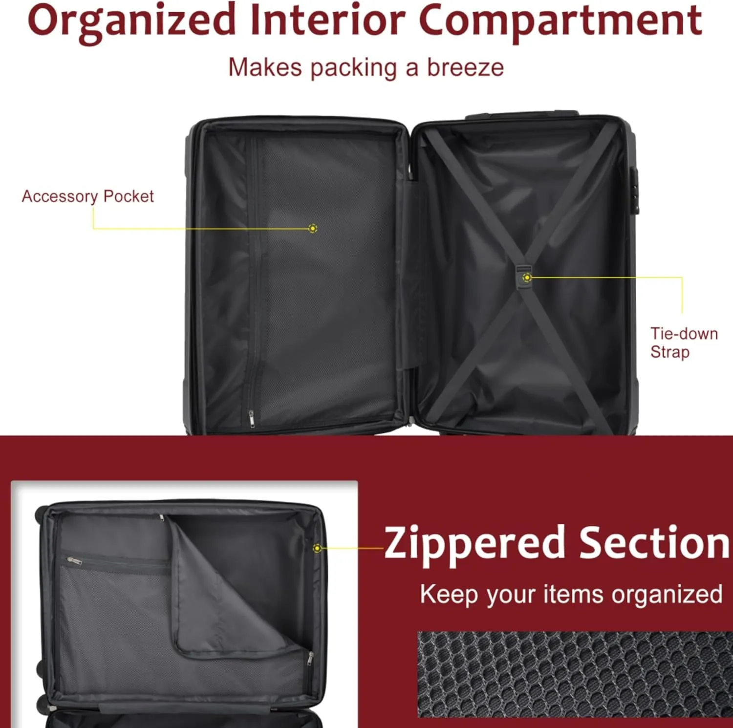 3 Piece Expandable Hard Shell ABS Luggage Set with Double Spinner Wheels, TSA-Approved Lock, 3-Level Telescopic Handle, and Corner Protectors Lightweight, Durable (Red)