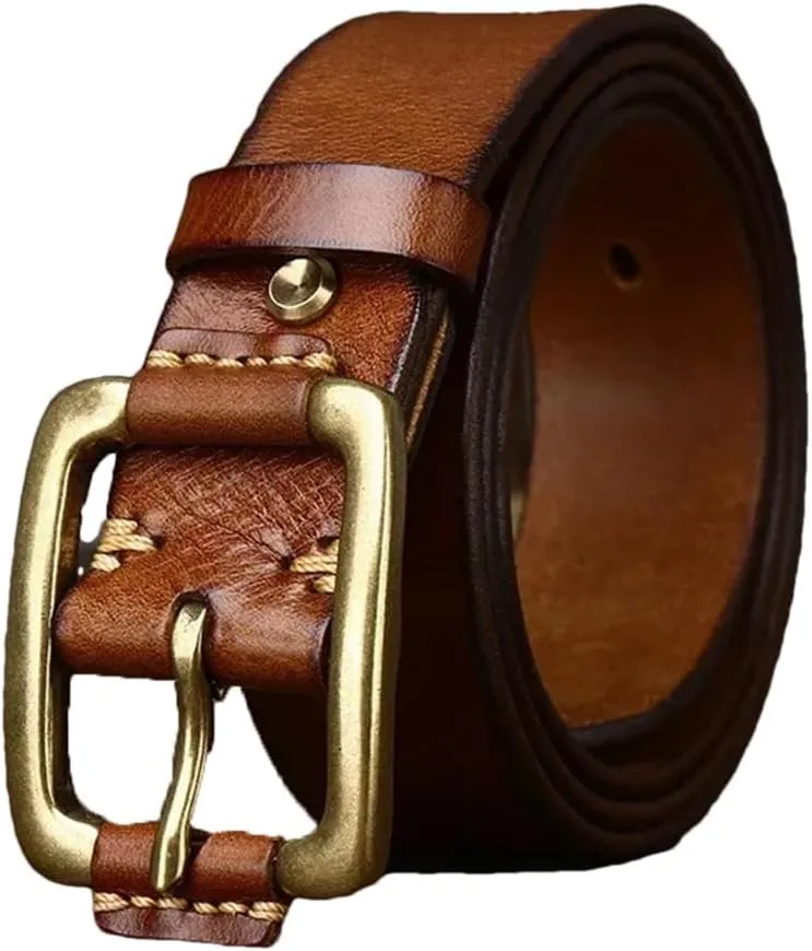 3.8CM Cowhide Genuine Leather Belts For Men Strap Brass Buckle Fancy Vintage Jeans Cowboy Belts
