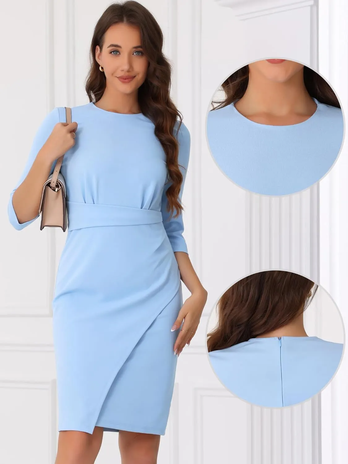 Allegra K Formal Dress for Women Crew Neck 3/4 Sleeve Elegant Bodycon Wrap Work Dresses