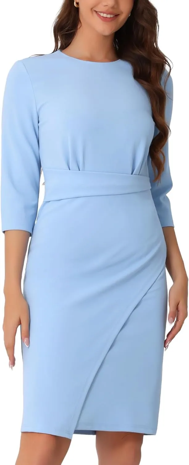 Allegra K Formal Dress for Women Crew Neck 3/4 Sleeve Elegant Bodycon Wrap Work Dresses