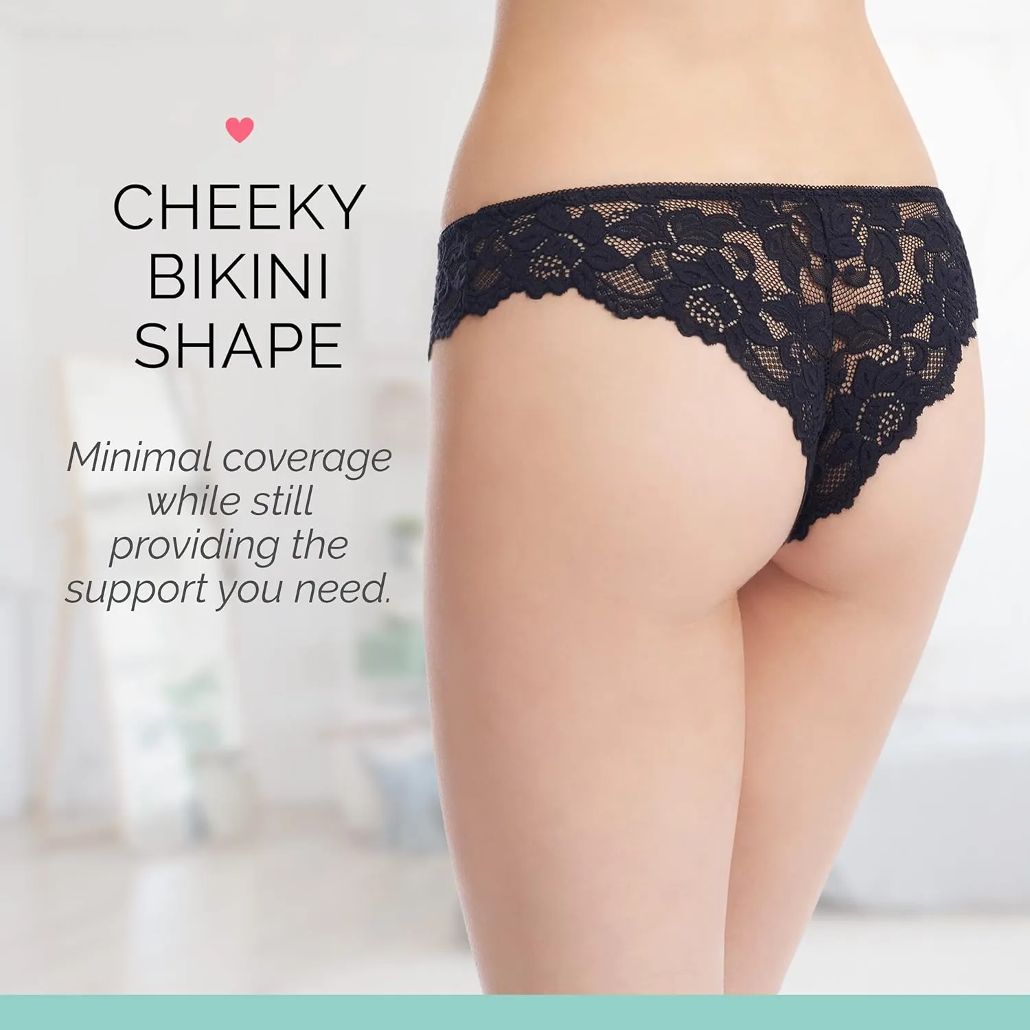 Allie 3-Pack Lace Bikini Underwear for Women, Cheeky Brief Panties with Minimal Half Back Coverage