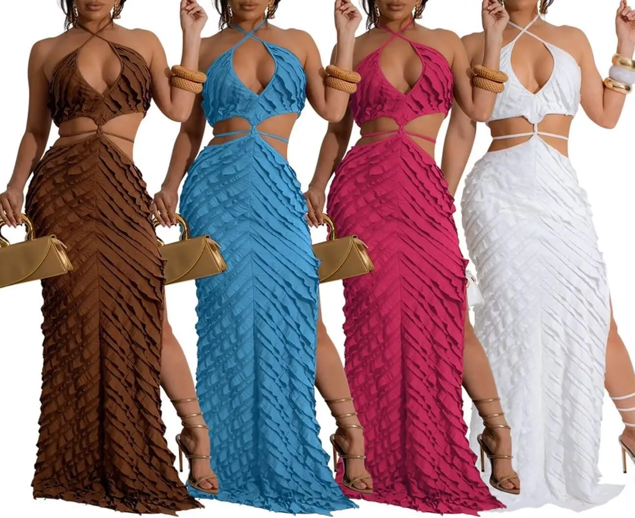 Aro Lora Womens Sexy Halter Neck Criss Cross Pleated Hollow Out Side Slit Bodycon Maxi Dress