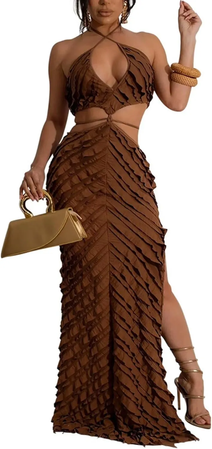 Aro Lora Womens Sexy Halter Neck Criss Cross Pleated Hollow Out Side Slit Bodycon Maxi Dress