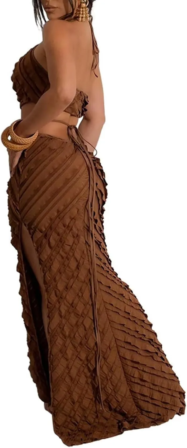 Aro Lora Womens Sexy Halter Neck Criss Cross Pleated Hollow Out Side Slit Bodycon Maxi Dress