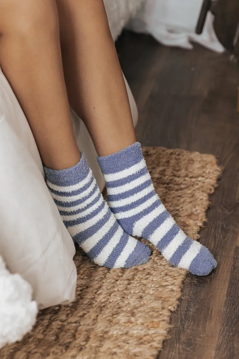 Comfy Cozy Striped Fuzzy Socks - BLUE - FINAL SALE