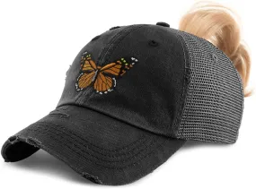 Custom Womens Ponytail Cap Monarch Butterfly Embroidery Cotton Strap Closure