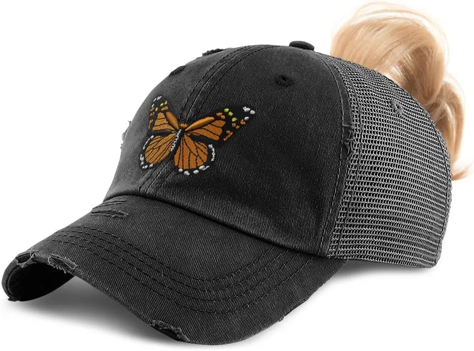 Custom Womens Ponytail Cap Monarch Butterfly Embroidery Cotton Strap Closure