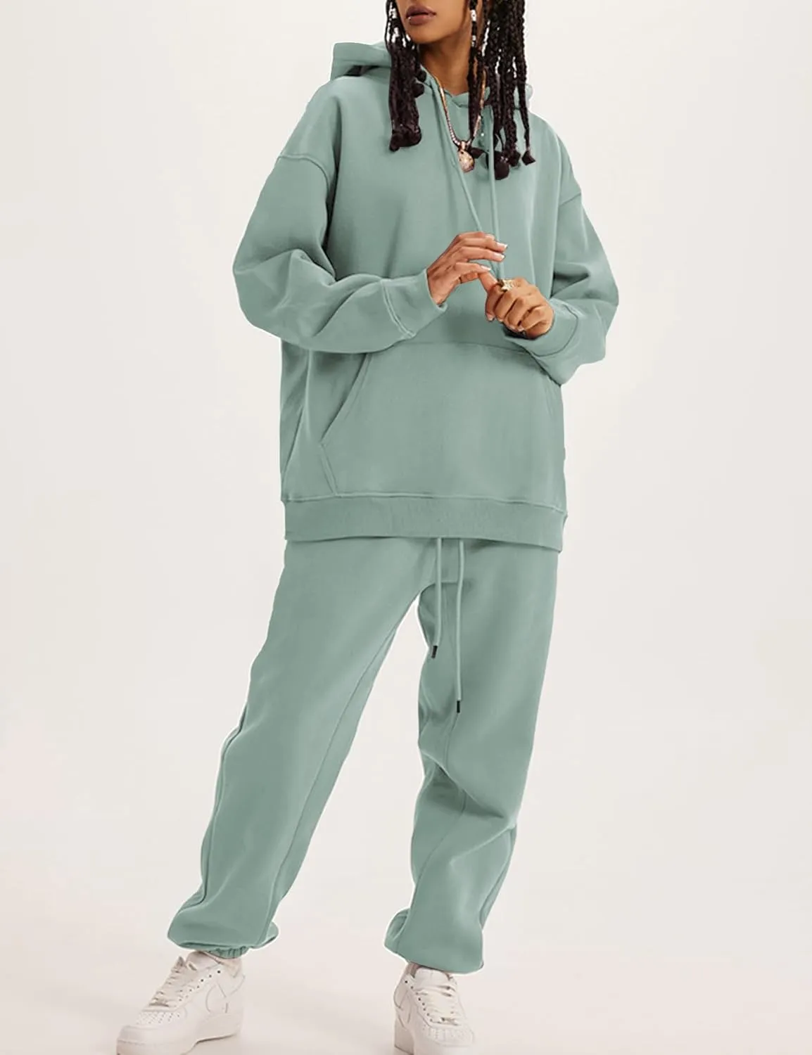Flygo Womens Fleece 2 Piece Outfits Lounge Hoodie Sweatsuits Sets Oversized Sweatshirt Baggy Sweatpants Set W/Pockets