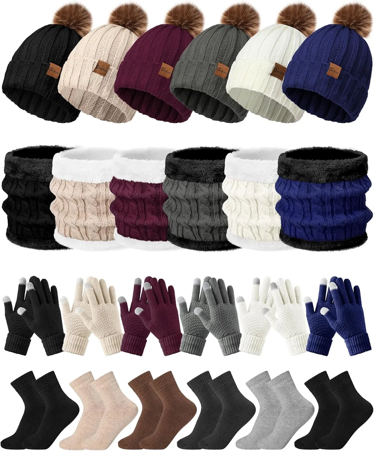 Geyoga 24 Pcs Winter Hat Scarf Gloves Set for Women Men Pompom Beanie Hats Fleece Knit Scarf Knit Skull Cap Fleece Lined Neck Warmer Touch Screen Gloves for Cold Weather
