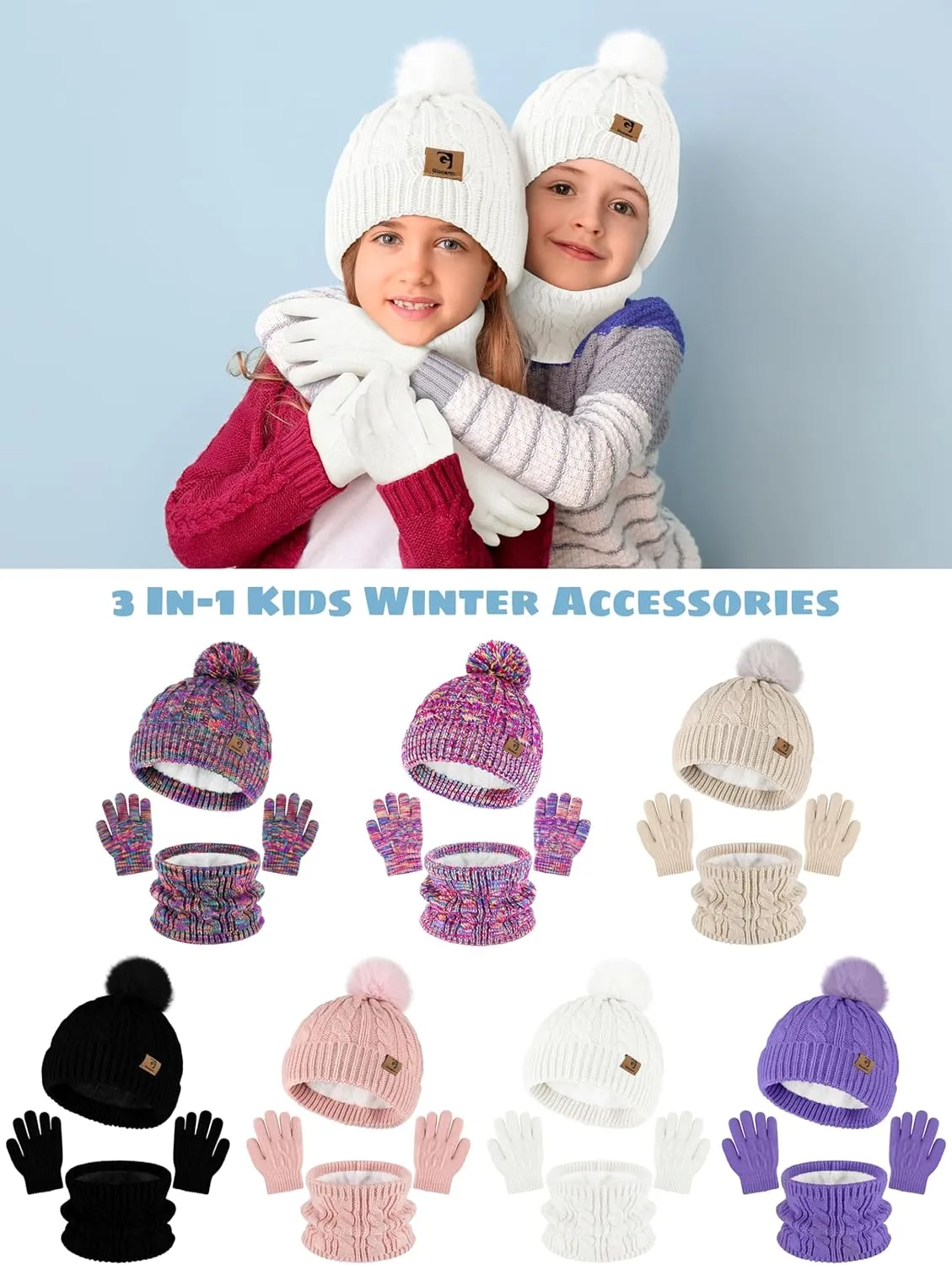 Glooarm Kids Winter Hat Gloves Scarf Set, Girls Toddler Winter Beanie Hat with Pom Knit Neck Warmer Gloves Fleece Lined Set
