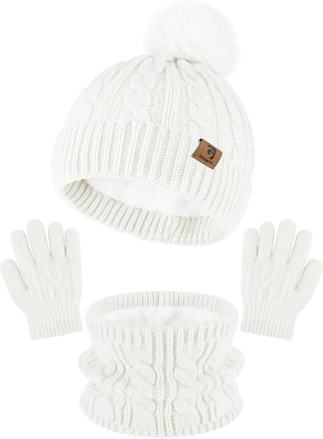 Glooarm Kids Winter Hat Gloves Scarf Set, Girls Toddler Winter Beanie Hat with Pom Knit Neck Warmer Gloves Fleece Lined Set