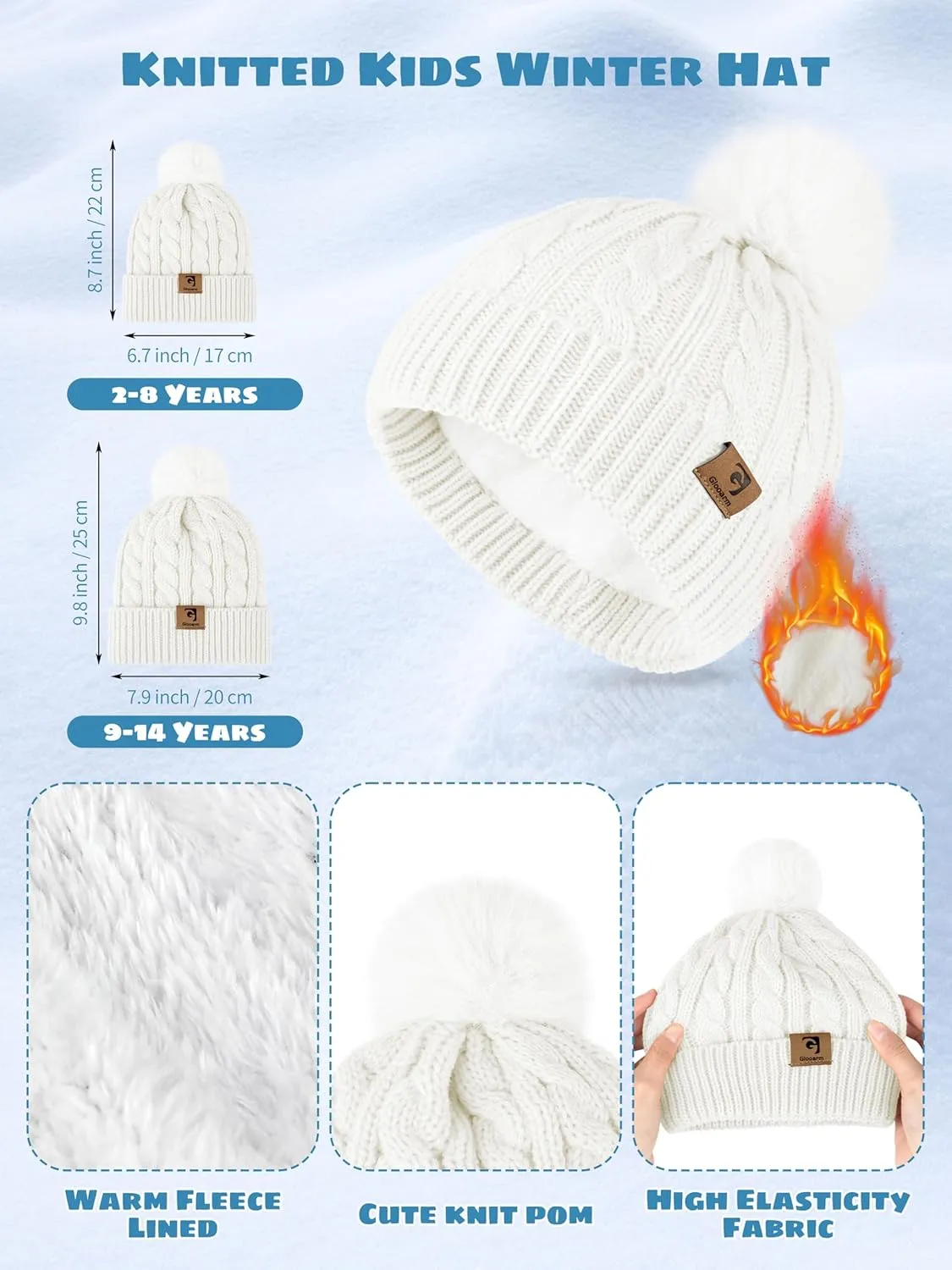 Glooarm Kids Winter Hat Gloves Scarf Set, Girls Toddler Winter Beanie Hat with Pom Knit Neck Warmer Gloves Fleece Lined Set