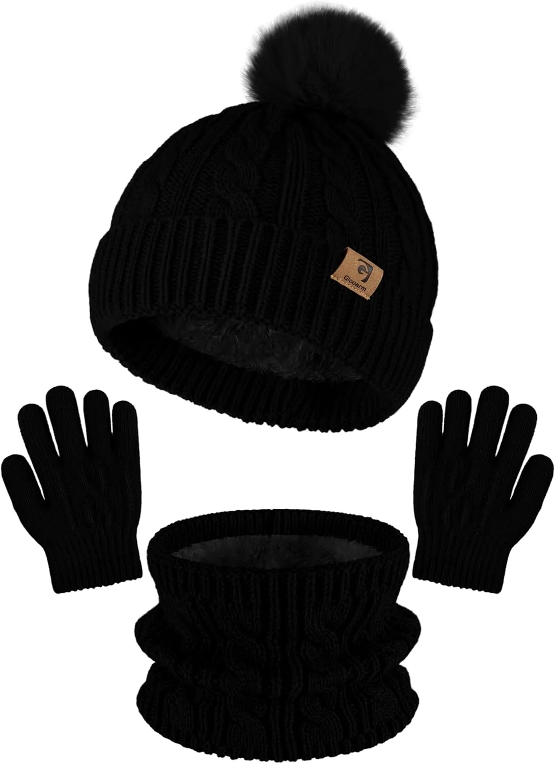 Glooarm Kids Winter Hat Gloves Scarf Set, Girls Toddler Winter Beanie Hat with Pom Knit Neck Warmer Gloves Fleece Lined Set