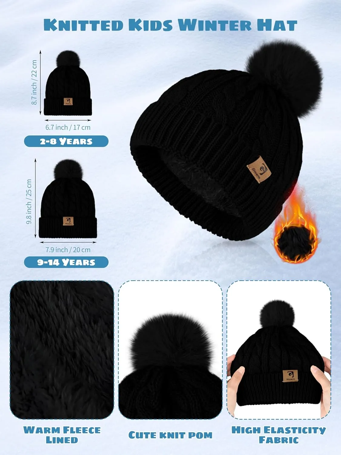 Glooarm Kids Winter Hat Gloves Scarf Set, Girls Toddler Winter Beanie Hat with Pom Knit Neck Warmer Gloves Fleece Lined Set