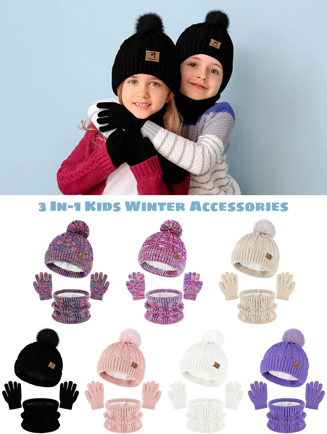 Glooarm Kids Winter Hat Gloves Scarf Set, Girls Toddler Winter Beanie Hat with Pom Knit Neck Warmer Gloves Fleece Lined Set