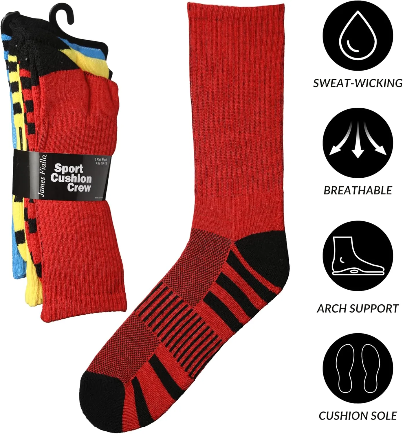 JAMES FIALLO 12 Pack Men's Cushion Athletic Comfortable Performance Crew Socks for Running, Hiking, and Athletic Activities