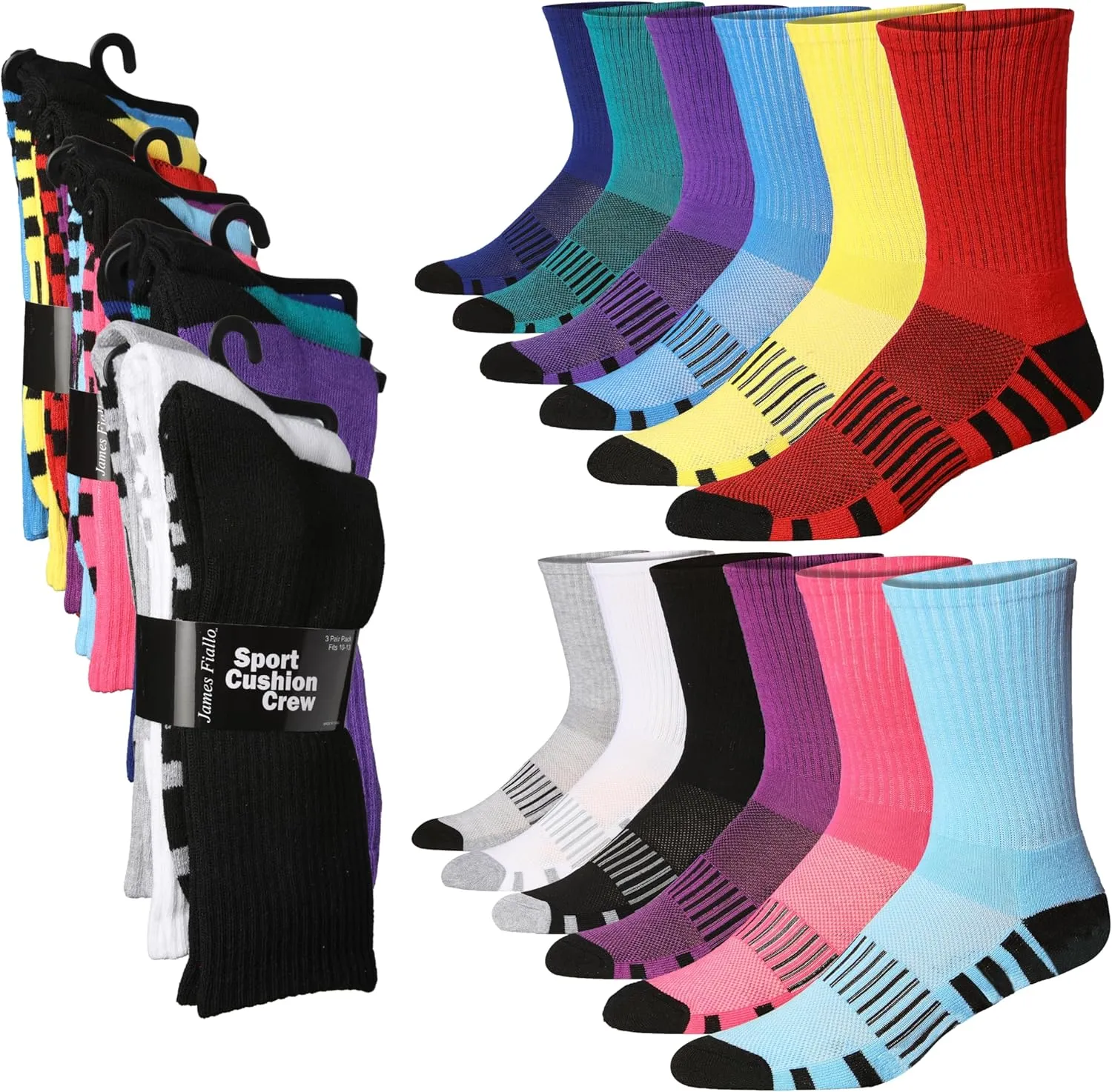 JAMES FIALLO 12 Pack Men's Cushion Athletic Comfortable Performance Crew Socks for Running, Hiking, and Athletic Activities