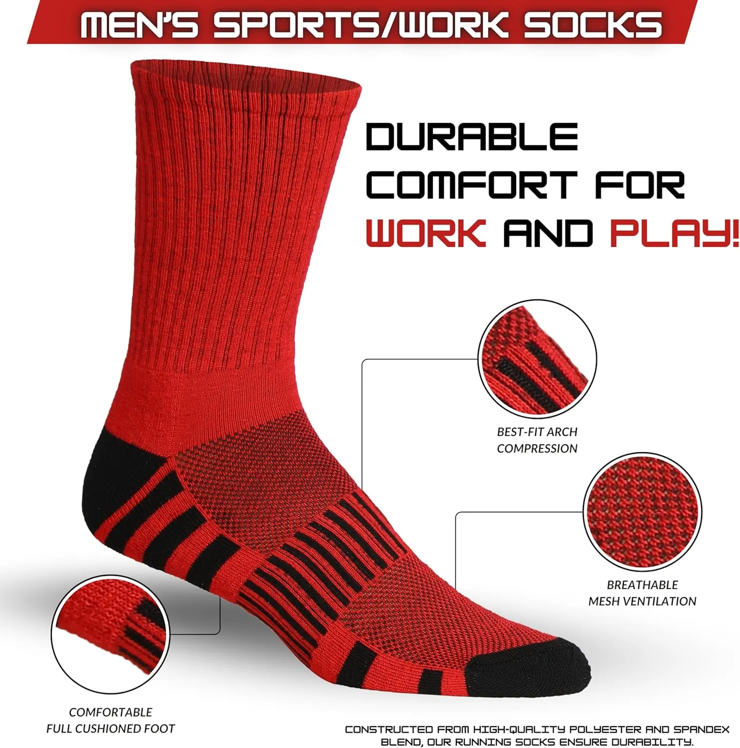 JAMES FIALLO 12 Pack Men's Cushion Athletic Comfortable Performance Crew Socks for Running, Hiking, and Athletic Activities