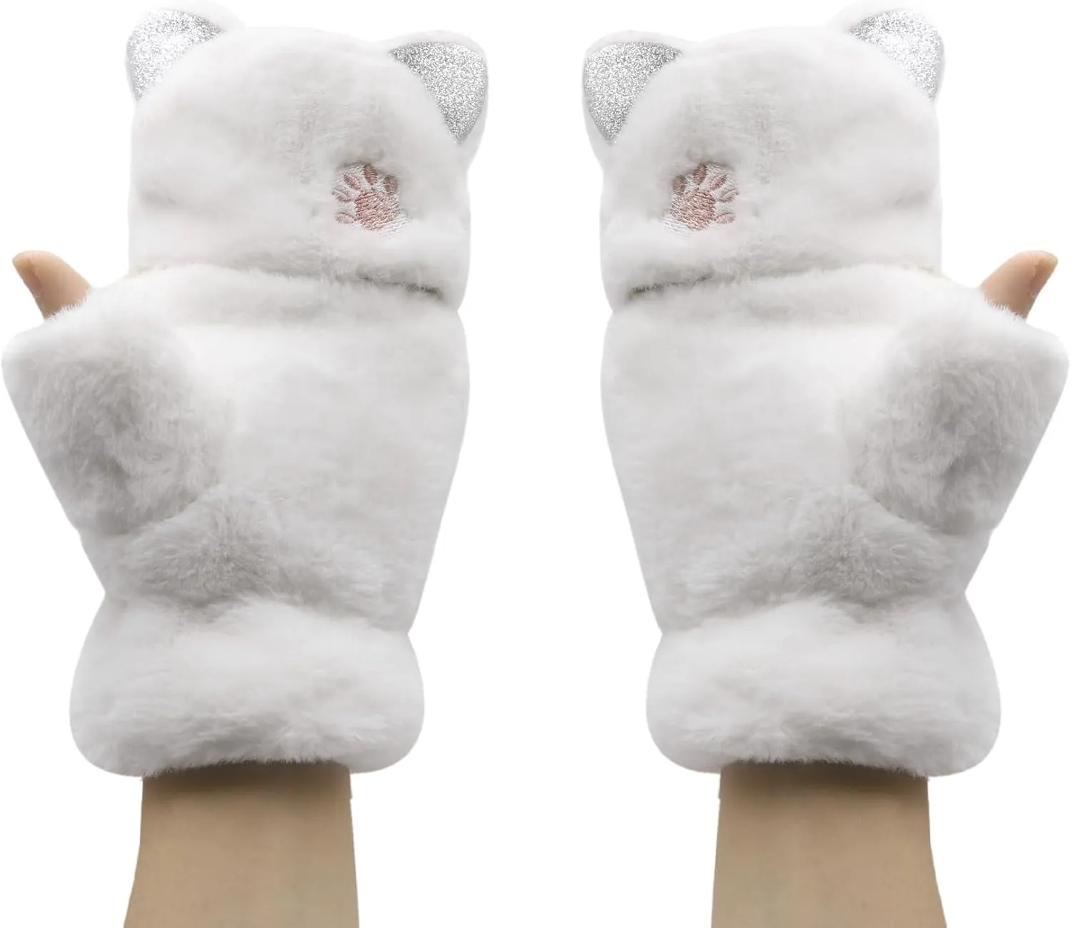 JUMISEE Women Winter Faux Fur Flip Cover Mittens Warm Soft Half Finger Fingerless Gloves