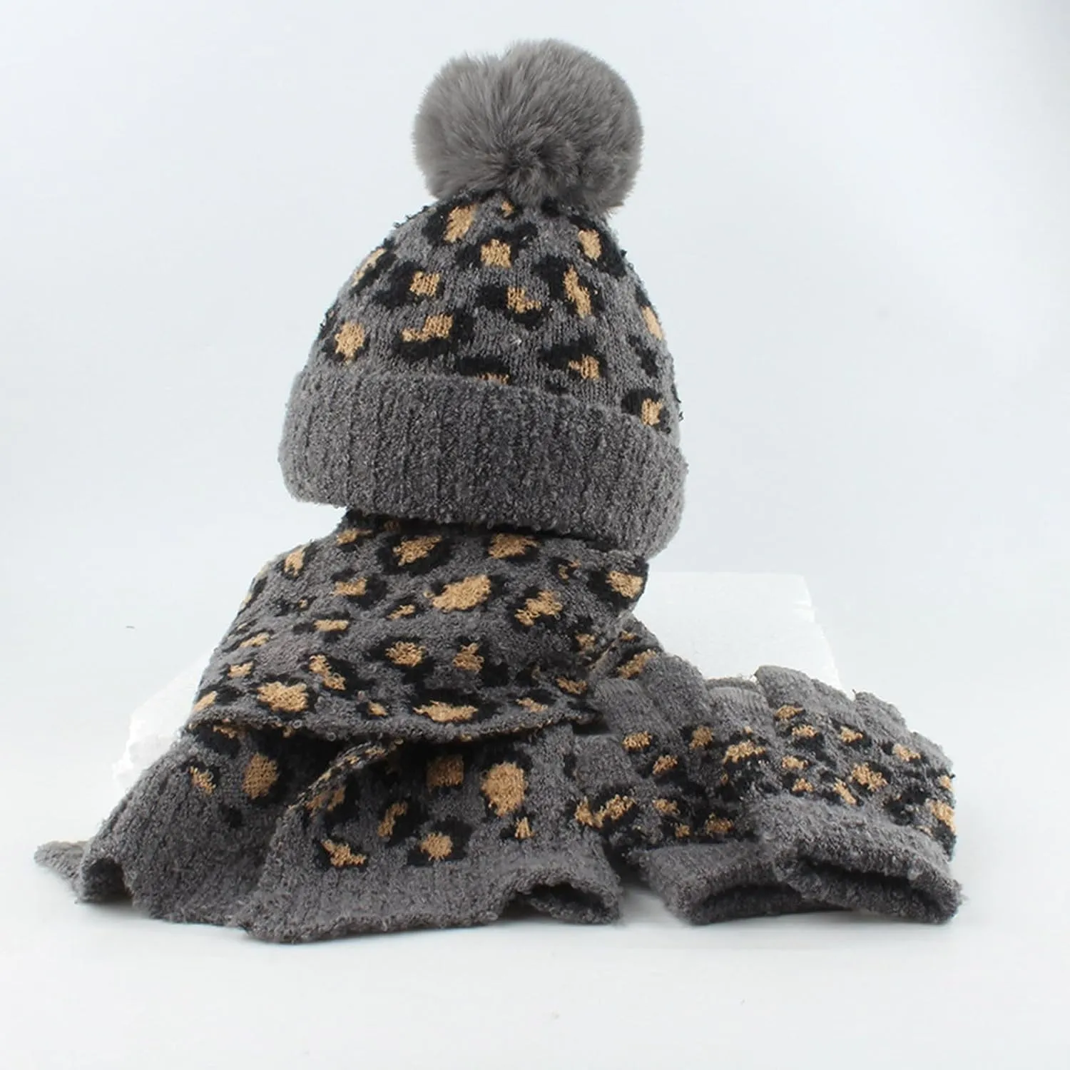 Kids Toddler Winter Beanie Hats Gloves Long Scarf Leopard Print Warm Knit Set Pompom Beanie Neck Warmer Mittens Gifts
