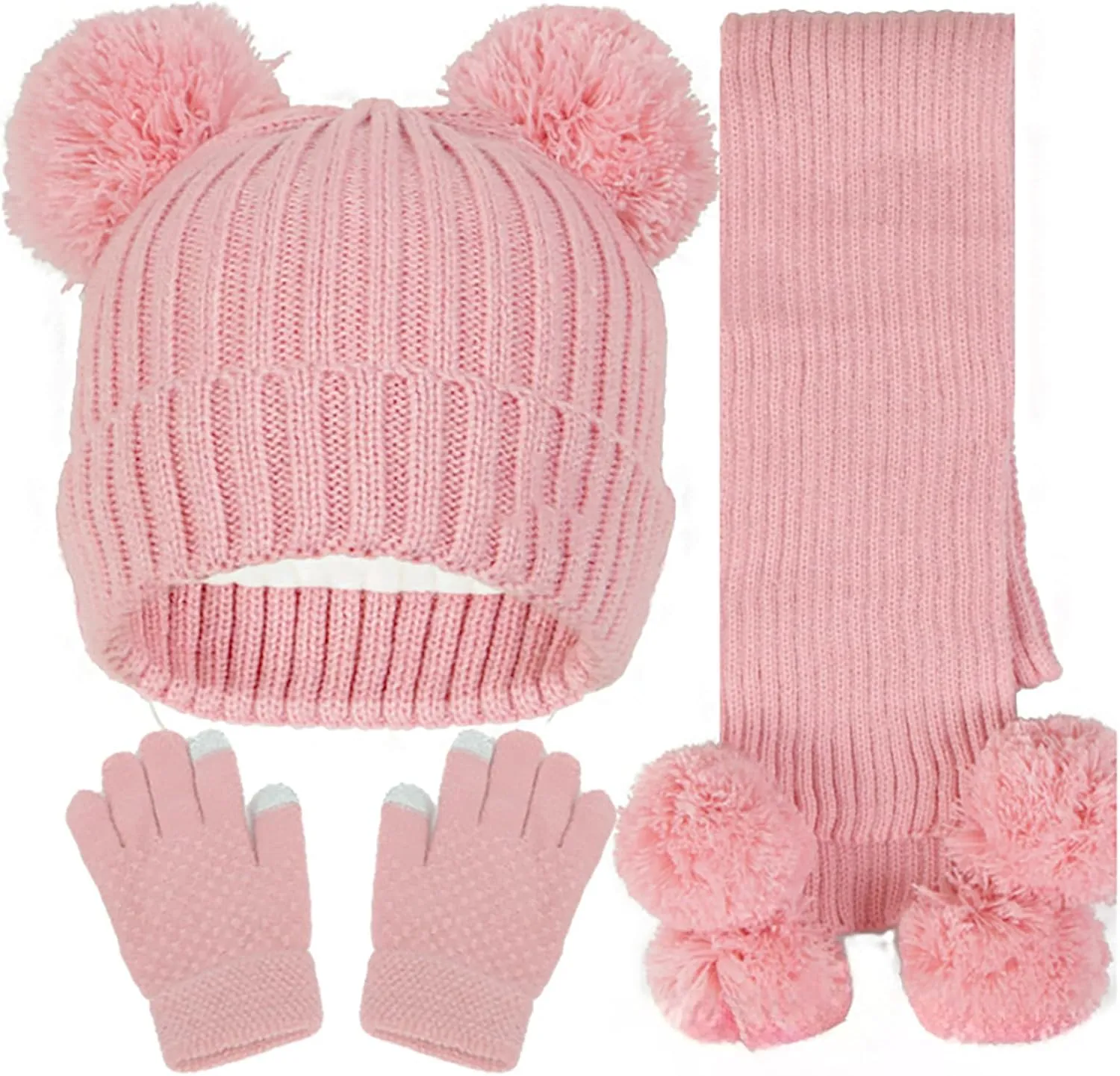 Kids Toddler Winter Beanie Hats Gloves Long Scarf Leopard Print Warm Knit Set Pompom Beanie Neck Warmer Mittens Gifts