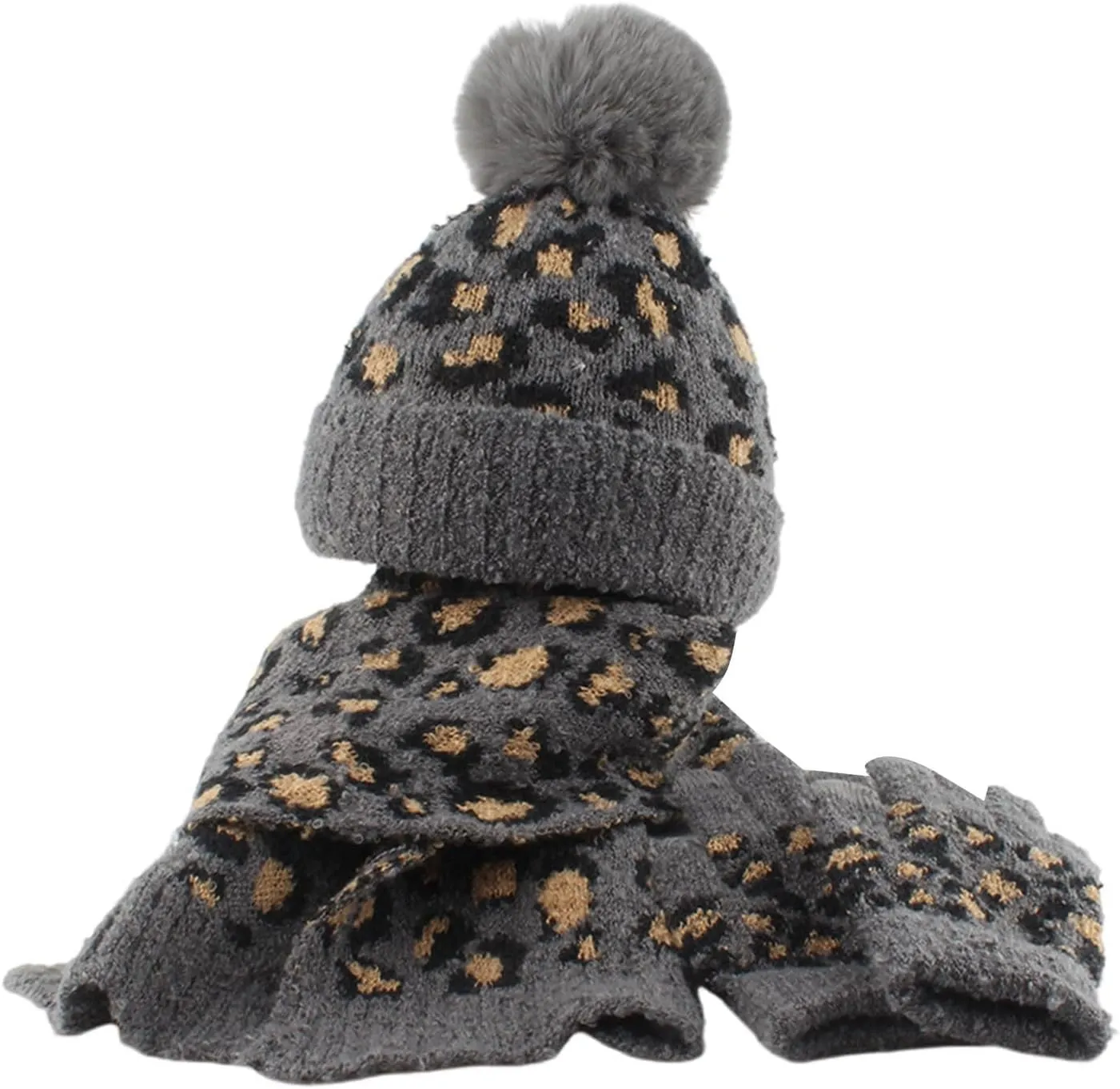Kids Toddler Winter Beanie Hats Gloves Long Scarf Leopard Print Warm Knit Set Pompom Beanie Neck Warmer Mittens Gifts