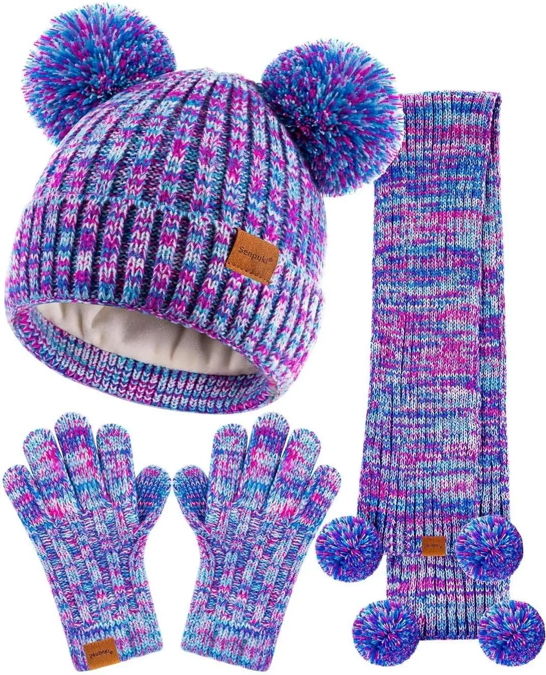 Kids Winter Hat Gloves Scarf Set, Girls Toddler Children Beanie with Pom Knit Neck Warmer Gaiter Mittens Fleece Lined Set