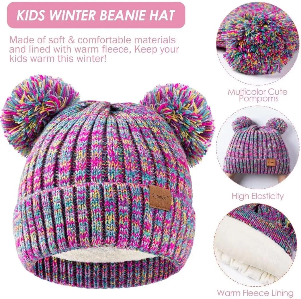Kids Winter Hat Gloves Scarf Set, Girls Toddler Children Beanie with Pom Knit Neck Warmer Gaiter Mittens Fleece Lined Set