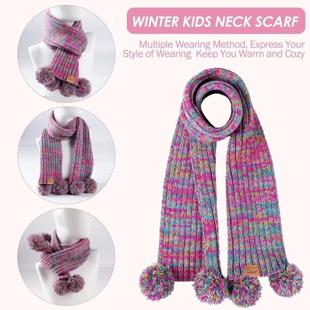 Kids Winter Hat Gloves Scarf Set, Girls Toddler Children Beanie with Pom Knit Neck Warmer Gaiter Mittens Fleece Lined Set