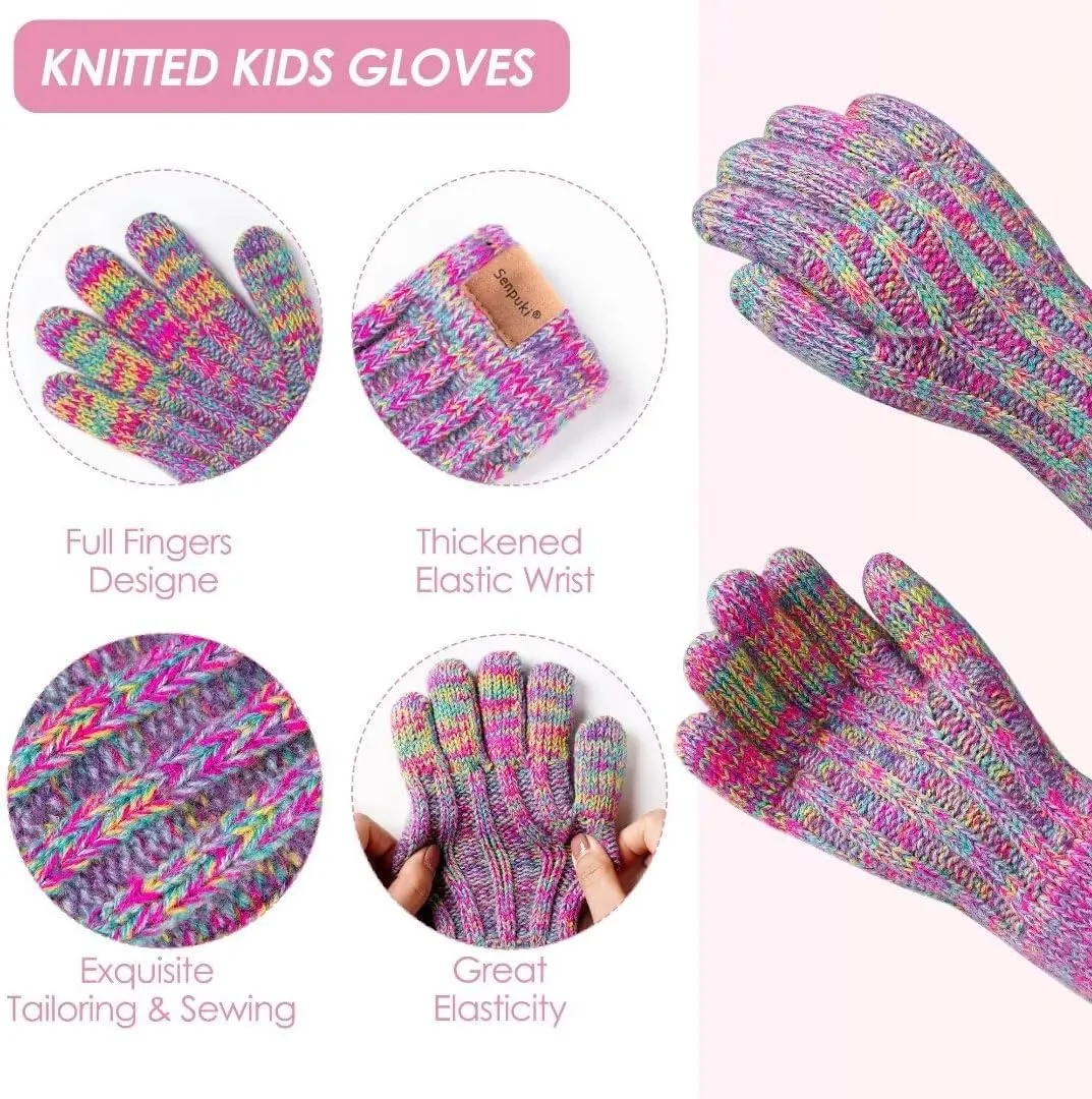 Kids Winter Hat Gloves Scarf Set, Girls Toddler Children Beanie with Pom Knit Neck Warmer Gaiter Mittens Fleece Lined Set