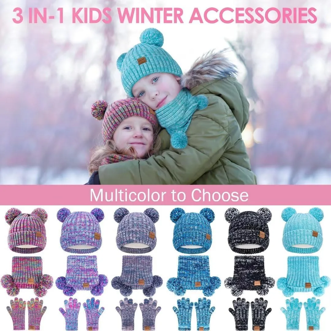 Kids Winter Hat Gloves Scarf Set, Girls Toddler Children Beanie with Pom Knit Neck Warmer Gaiter Mittens Fleece Lined Set