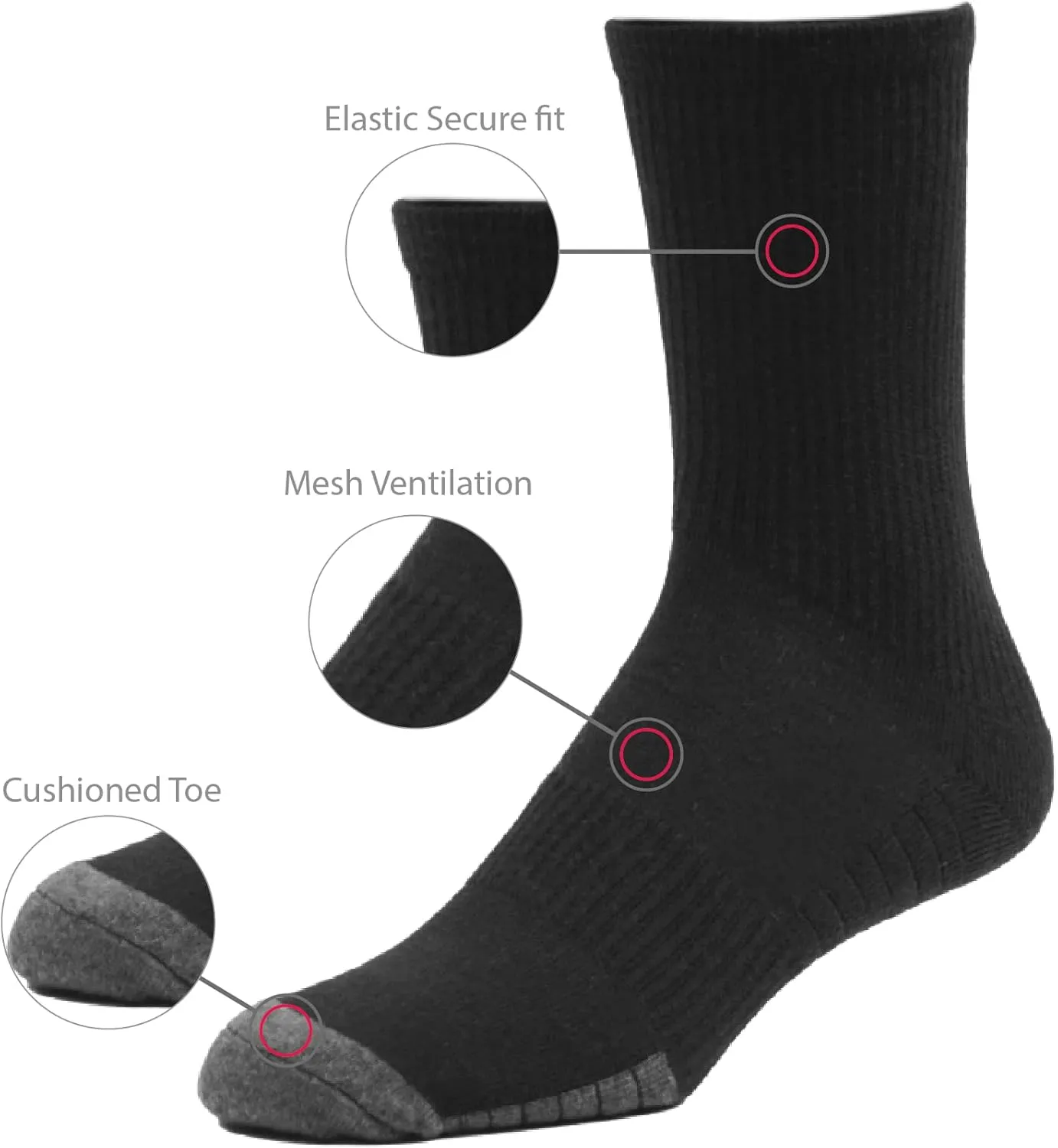 Men's Athletic Socks - Pack of 6 - Cotton Blend - One Size (8-12)