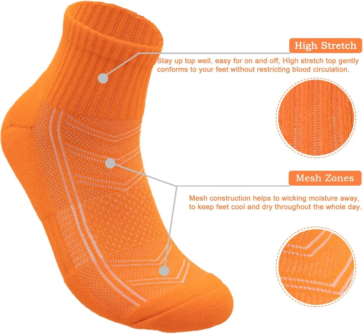 Mens Combed Cotton Cushioned Athletic Running Ankle Quarter Socks (5 Pack) w/Arch Compression