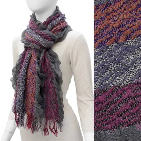 Multi Tone Stripe Puckered Woven Fashion Muffler Cold Weather Scarf Gray