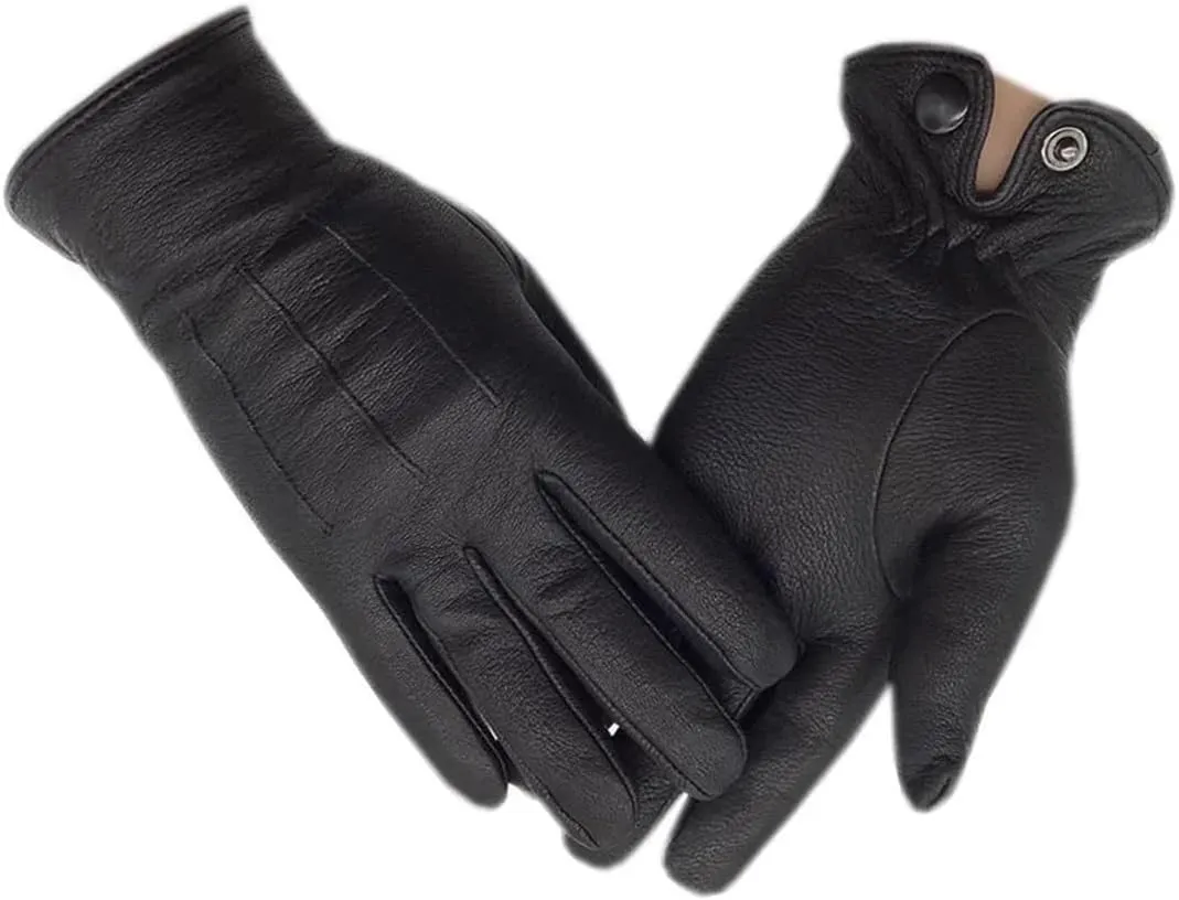Niiyyjj Winter Men'S Deerskin Gloves Wrist Wool Lining Machine Stitching Warm Driving Leather Gloves