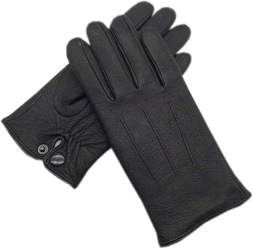 Niiyyjj Winter Men'S Deerskin Gloves Wrist Wool Lining Machine Stitching Warm Driving Leather Gloves