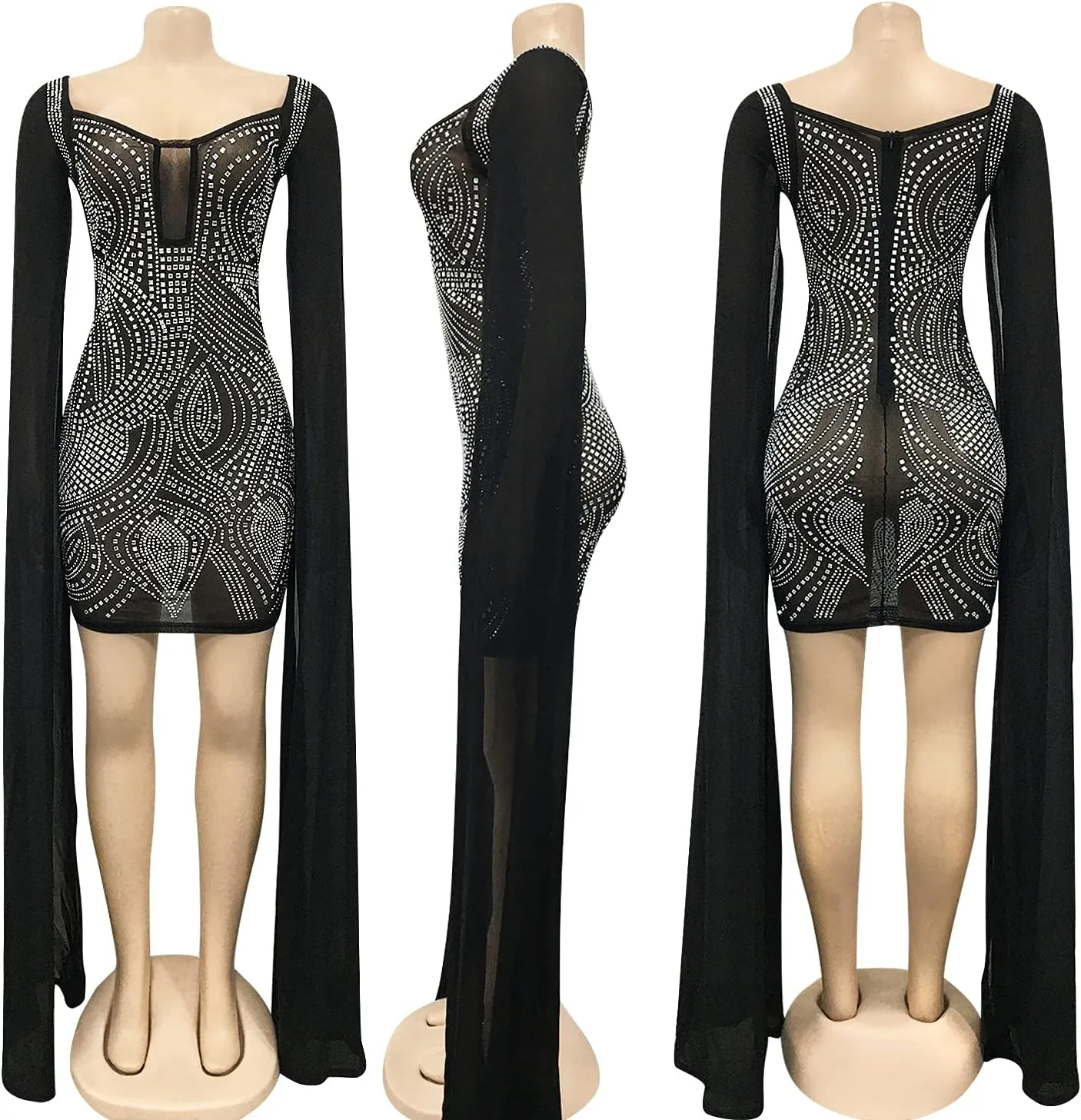 PORRCEY Sexy Elegant Rhinestone for Women Mesh See Through Bodycon Party Club Night Mini Dress