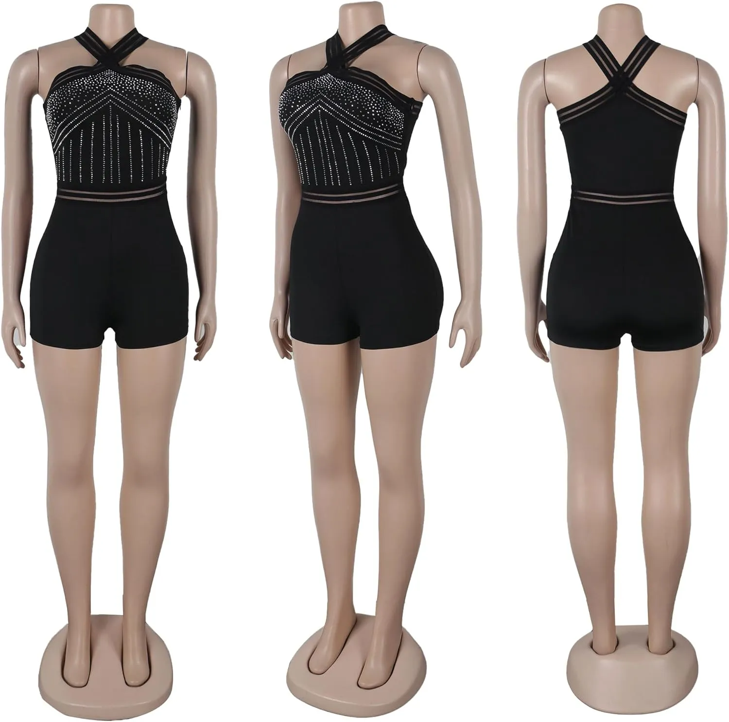 PORRCEY Women Sexy Elegant Rhinestone Hot Drilling Bodycon Jumpsuits Bodycon Party Club Night Rompers