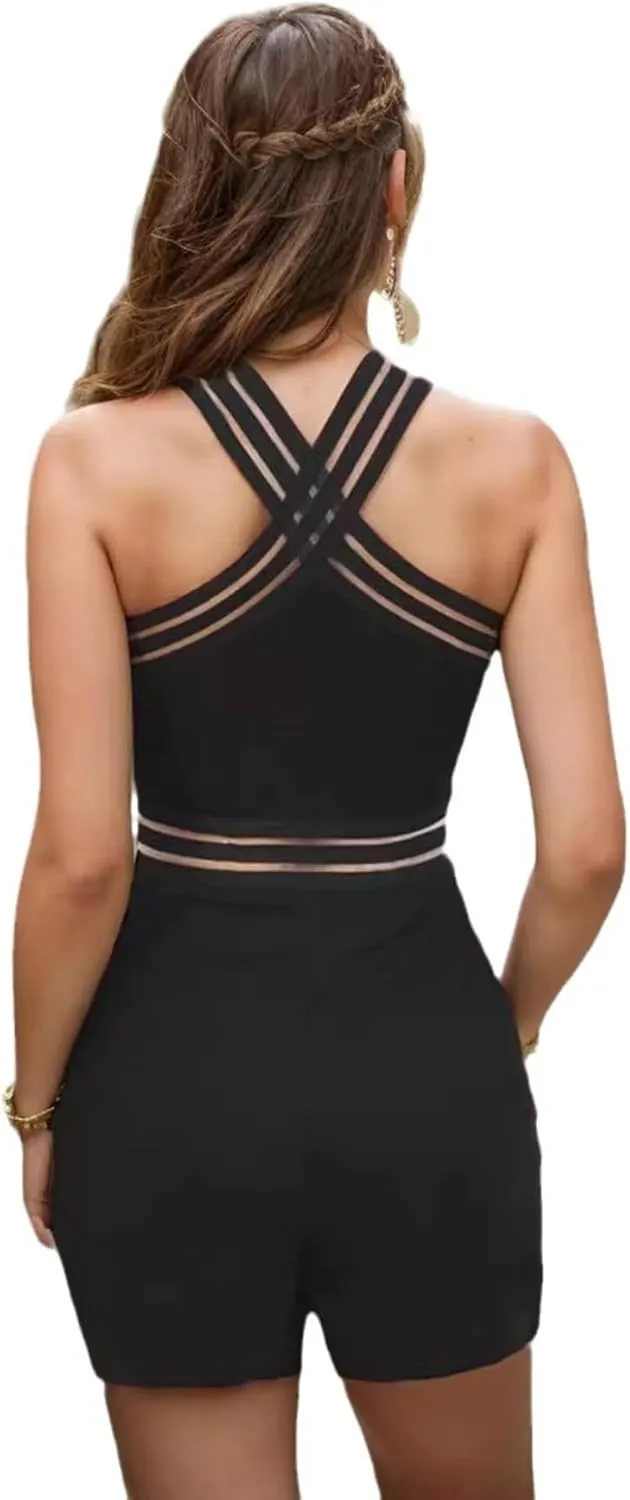 PORRCEY Women Sexy Elegant Rhinestone Hot Drilling Bodycon Jumpsuits Bodycon Party Club Night Rompers