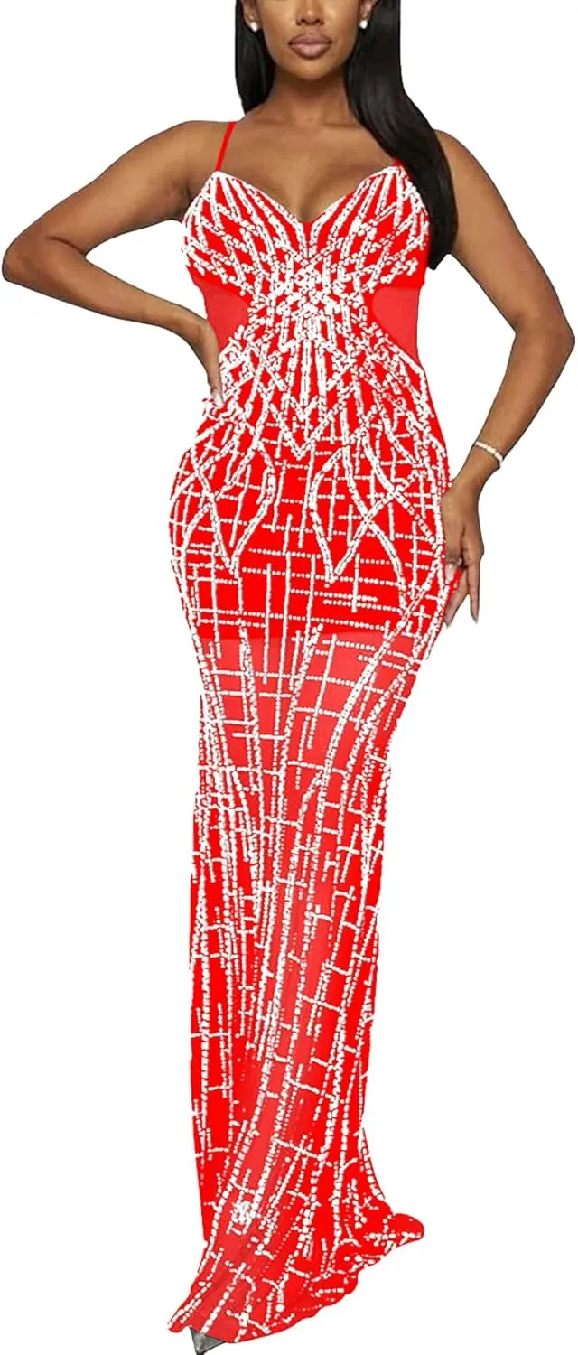 PORRCEY Women Sexy Elegant Rhinestone Mesh See Through Dress Hot Drilling Party Club Night Outfits